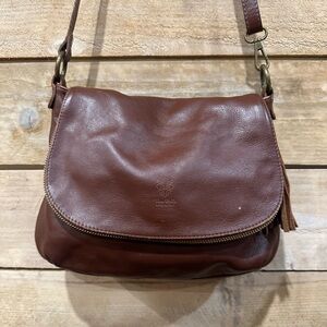 Italian Vera Pelle Brown Leather Crossbody Bag | Made in Italy | Tassel